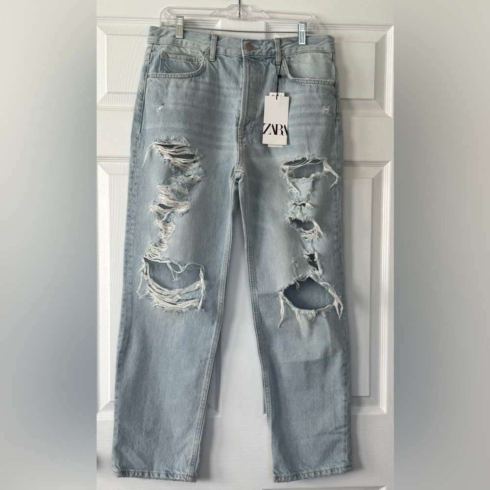 ZARA NWT Relaxed Fit Straight Leg Mid Rise Distressed Denim Boyfriend Jean - 8